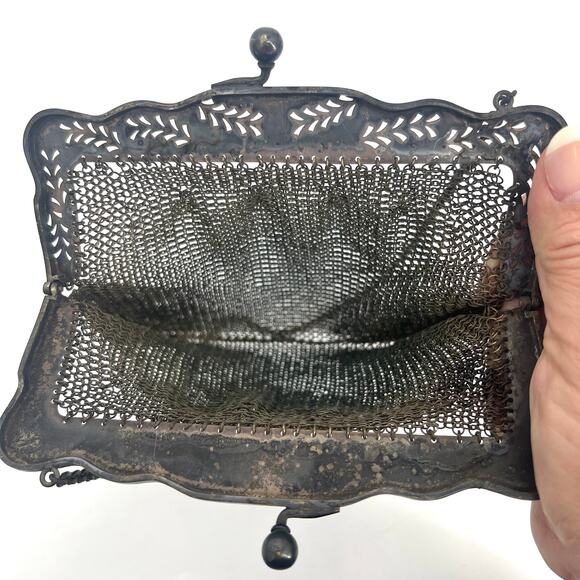 Antique German Silver Mesh Purse 6" x 5.5" with 9" Strap Drop - Picture 9 of 11